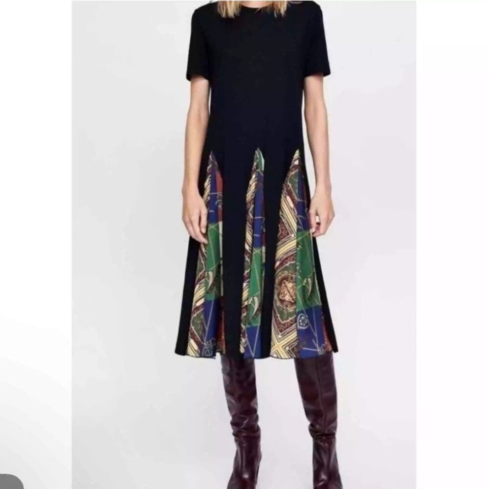 Zara Black Short Sleeve Scarf Pleated Midi Dress Boho Gold Chain